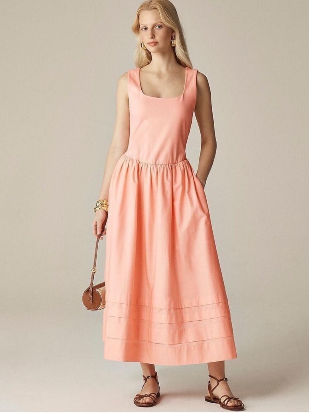 J. Crew Drop Waist Mixy Dress Small Square Neck Peach CJ497